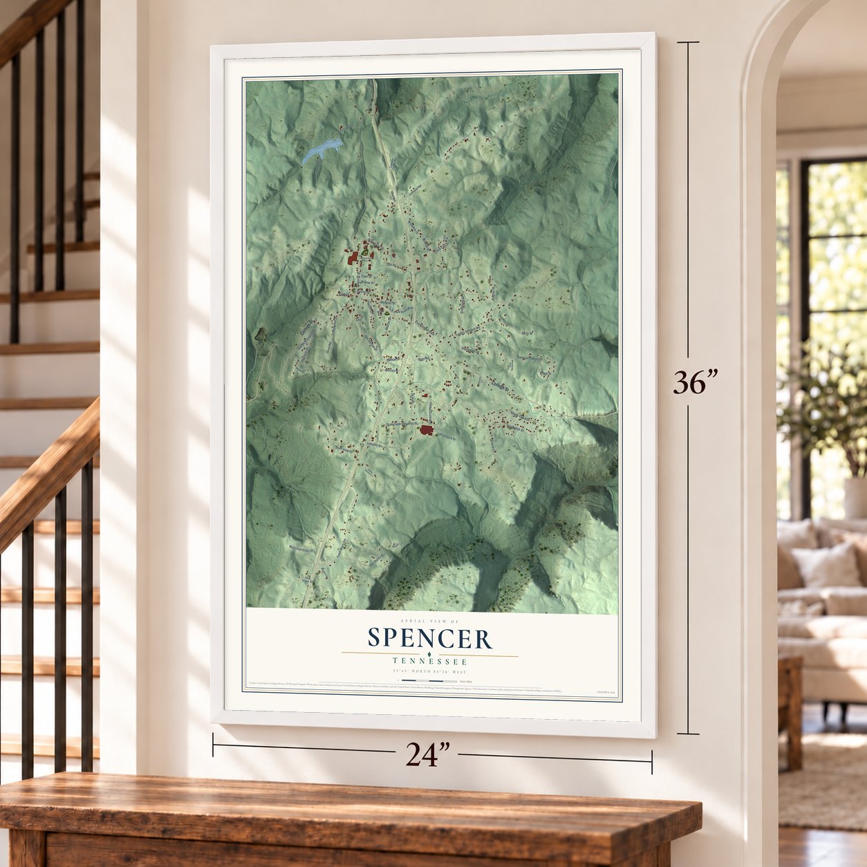 Spencer, Tennessee map, 24 x 36 inch print in a white frame by a staircase