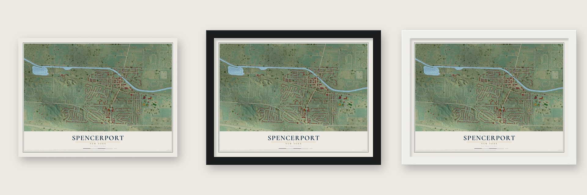Spencerport, New York map unframed, in a black wood frame and in a white wood frame