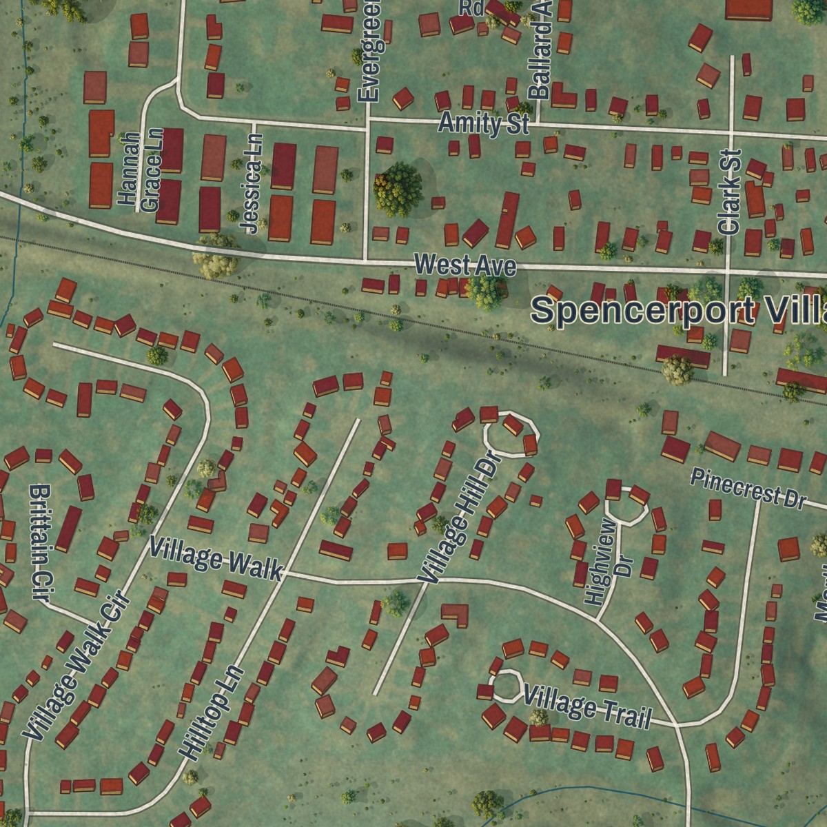 Second close-up of the map of Spencerport, New York print showing more streets and buildings