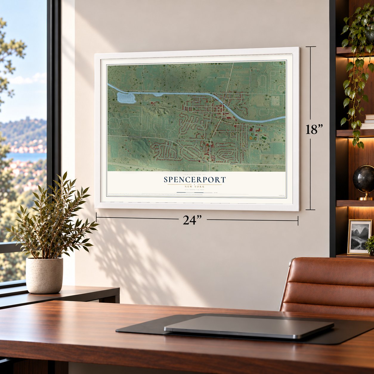 Spencerport, New York map, 18 x 24 inch print in a white frame in a home office