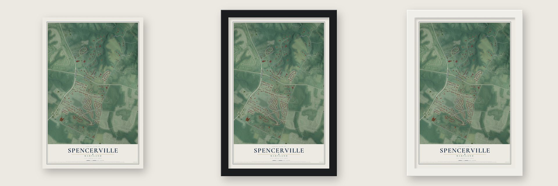 Spencerville, Maryland map unframed, in a black wood frame and in a white wood frame