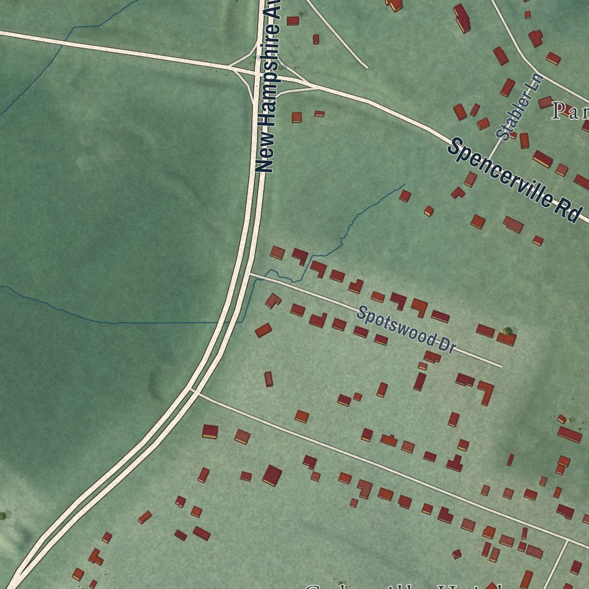 Second close-up of the map of Spencerville, Maryland print showing more streets and buildings