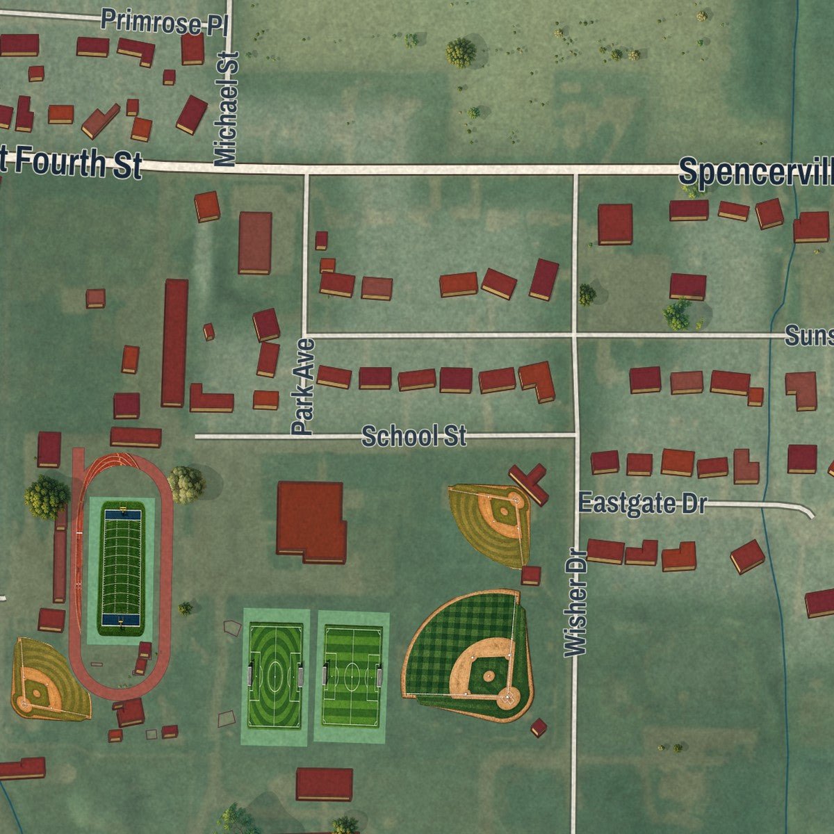 Second close-up of the map of Spencerville, Ohio print showing more streets and buildings