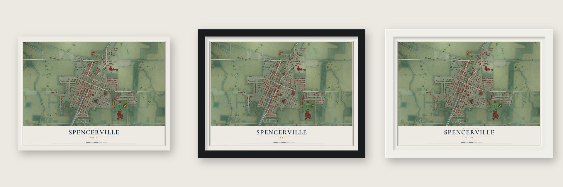 Spencerville, Ohio map unframed, in a black wood frame and in a white wood frame