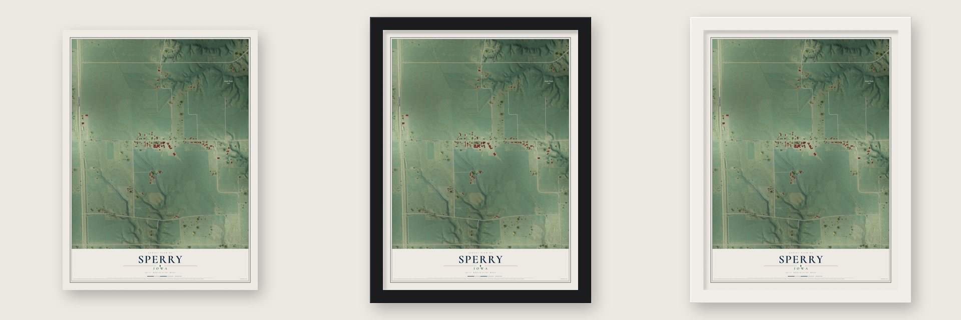 Sperry, Iowa map unframed, in a black wood frame and in a white wood frame