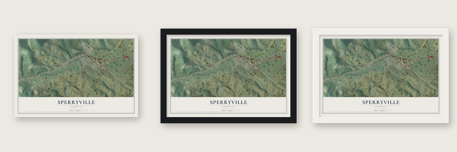 Sperryville, Virginia map unframed, in a black wood frame and in a white wood frame