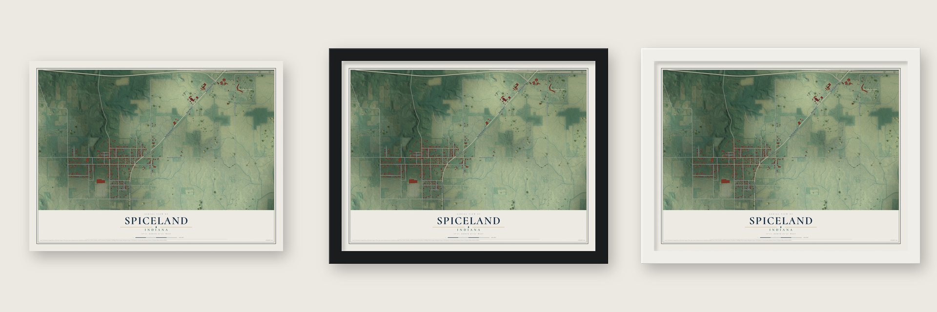 Spiceland, Indiana map unframed, in a black wood frame and in a white wood frame