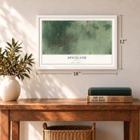 Spiceland, Indiana map, 12 x 18 inch print in a white frame in an entryway