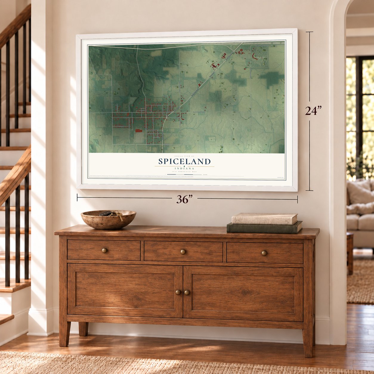 Spiceland, Indiana map, 24 x 36 inch print in a white frame above a dresser by a staircase