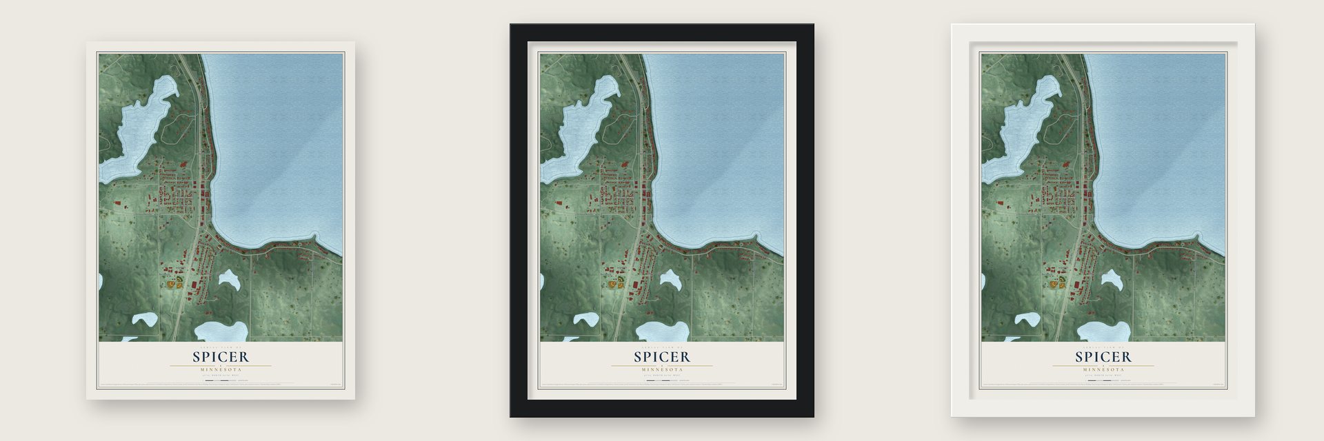 Spicer, Minnesota map unframed, in a black wood frame and in a white wood frame