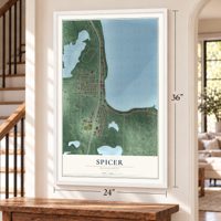 Spicer, Minnesota map, 24 x 36 inch print in a white frame by a staircase
