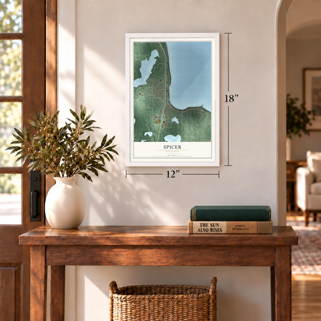 Spicer, Minnesota map, 12 x 18 inch print in a white frame in an entryway