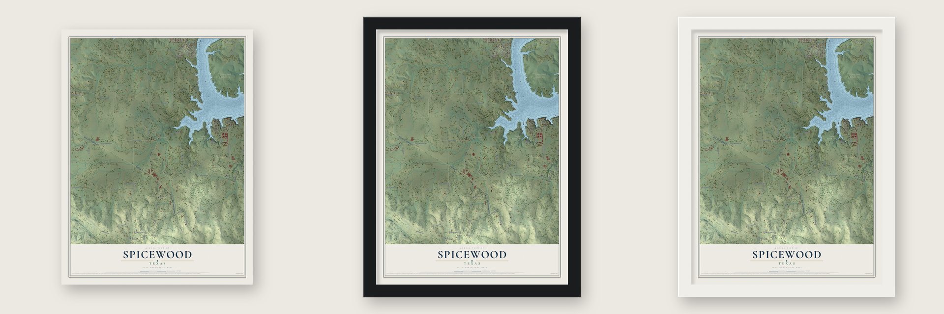 Spicewood, Texas map unframed, in a black wood frame and in a white wood frame