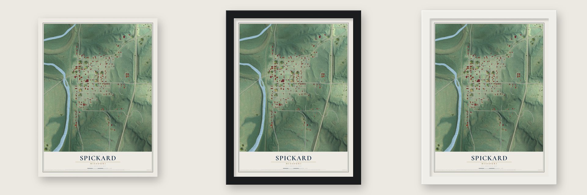 Spickard, Missouri map unframed, in a black wood frame and in a white wood frame