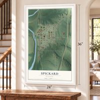 Spickard, Missouri map, 24 x 36 inch print in a white frame by a staircase
