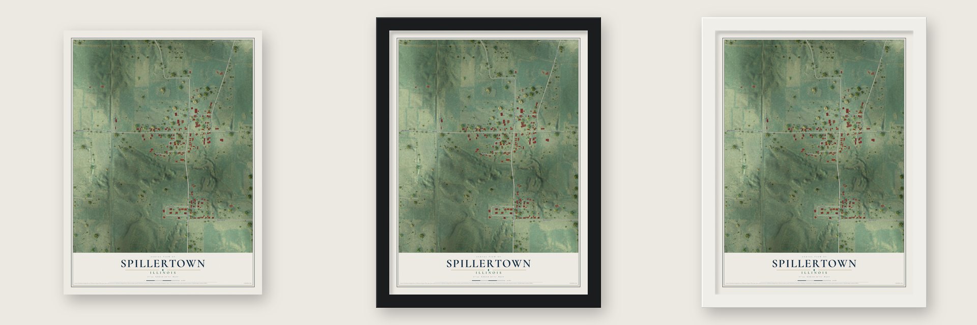 Spillertown, Illinois map unframed, in a black wood frame and in a white wood frame