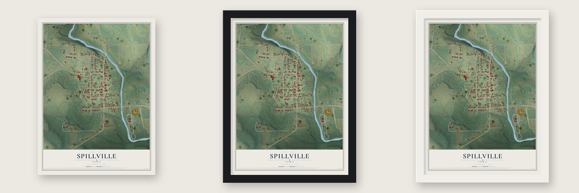Spillville, Iowa map unframed, in a black wood frame and in a white wood frame