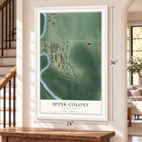 Spink Colony, South Dakota map, 24 x 36 inch print in a white frame by a staircase