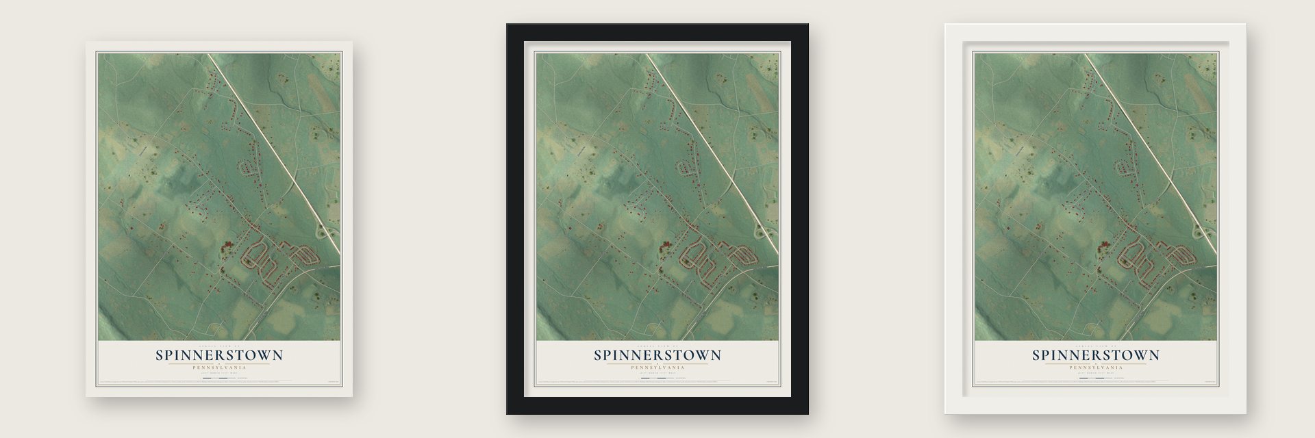 Spinnerstown, Pennsylvania map unframed, in a black wood frame and in a white wood frame