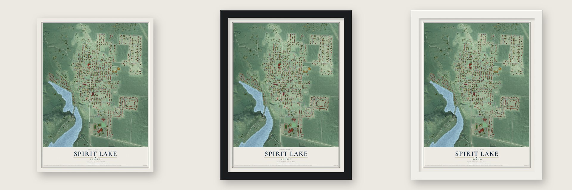 Spirit Lake, Idaho map unframed, in a black wood frame and in a white wood frame