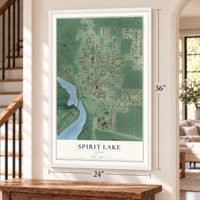 Spirit Lake, Idaho map, 24 x 36 inch print in a white frame by a staircase