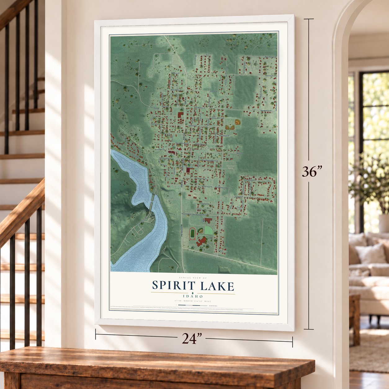 Spirit Lake, Idaho map, 24 x 36 inch print in a white frame by a staircase