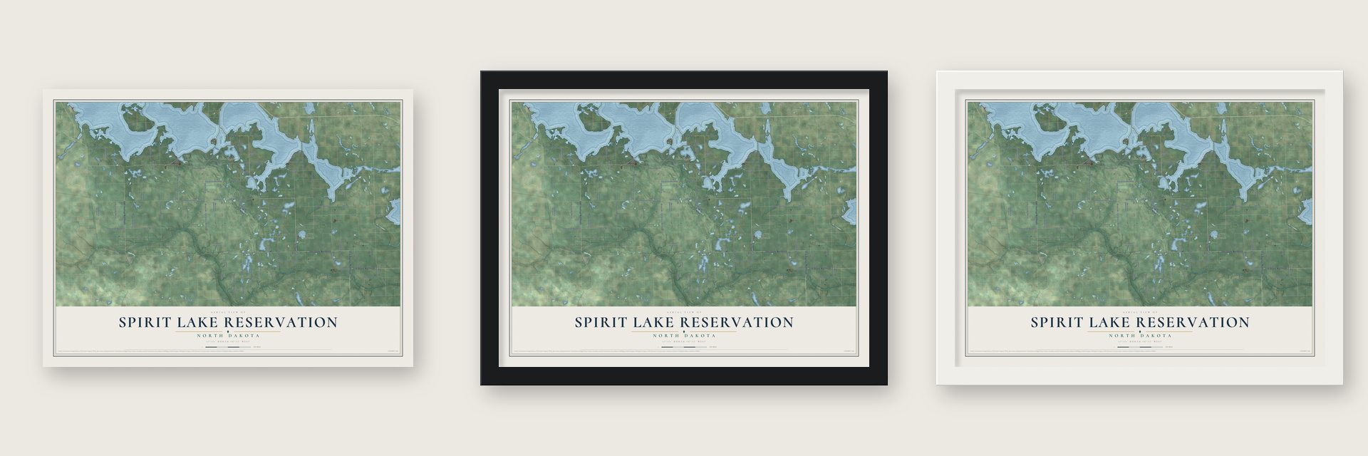 Spirit Lake Reservation, North Dakota map unframed, in a black wood frame and in a white wood frame