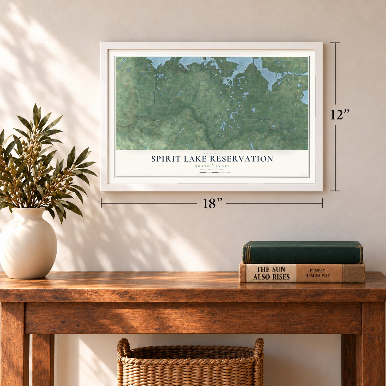 Spirit Lake Reservation, North Dakota map, 12 x 18 inch print in a white frame in an entryway