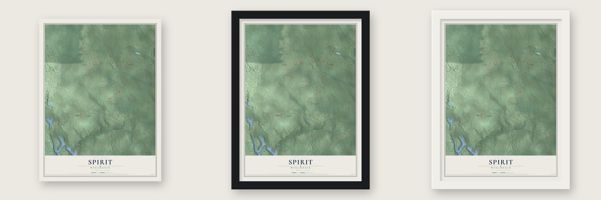 Spirit, Wisconsin map unframed, in a black wood frame and in a white wood frame