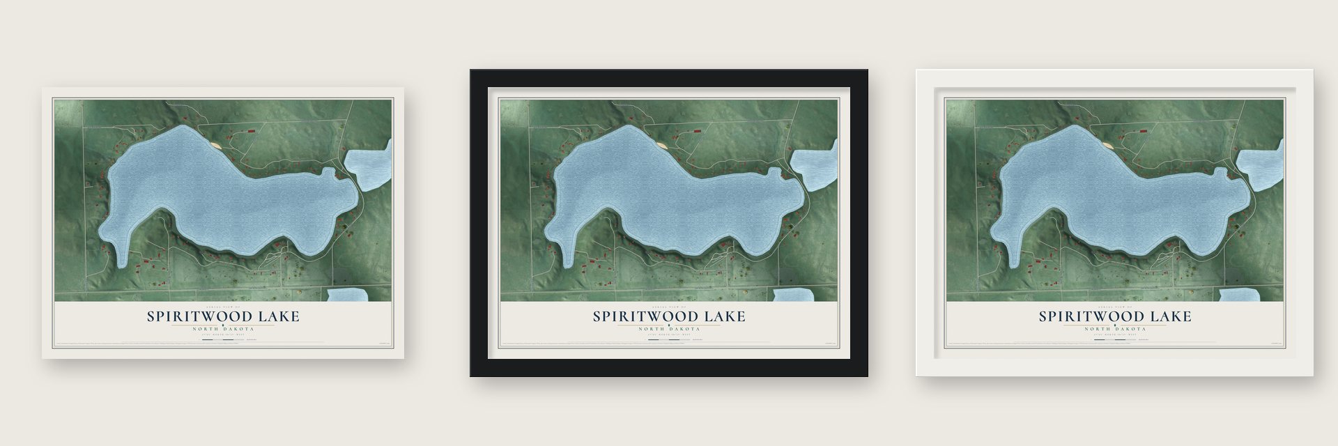 Spiritwood Lake, North Dakota map unframed, in a black wood frame and in a white wood frame