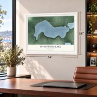 Spiritwood Lake, North Dakota map, 18 x 24 inch print in a white frame in a home office