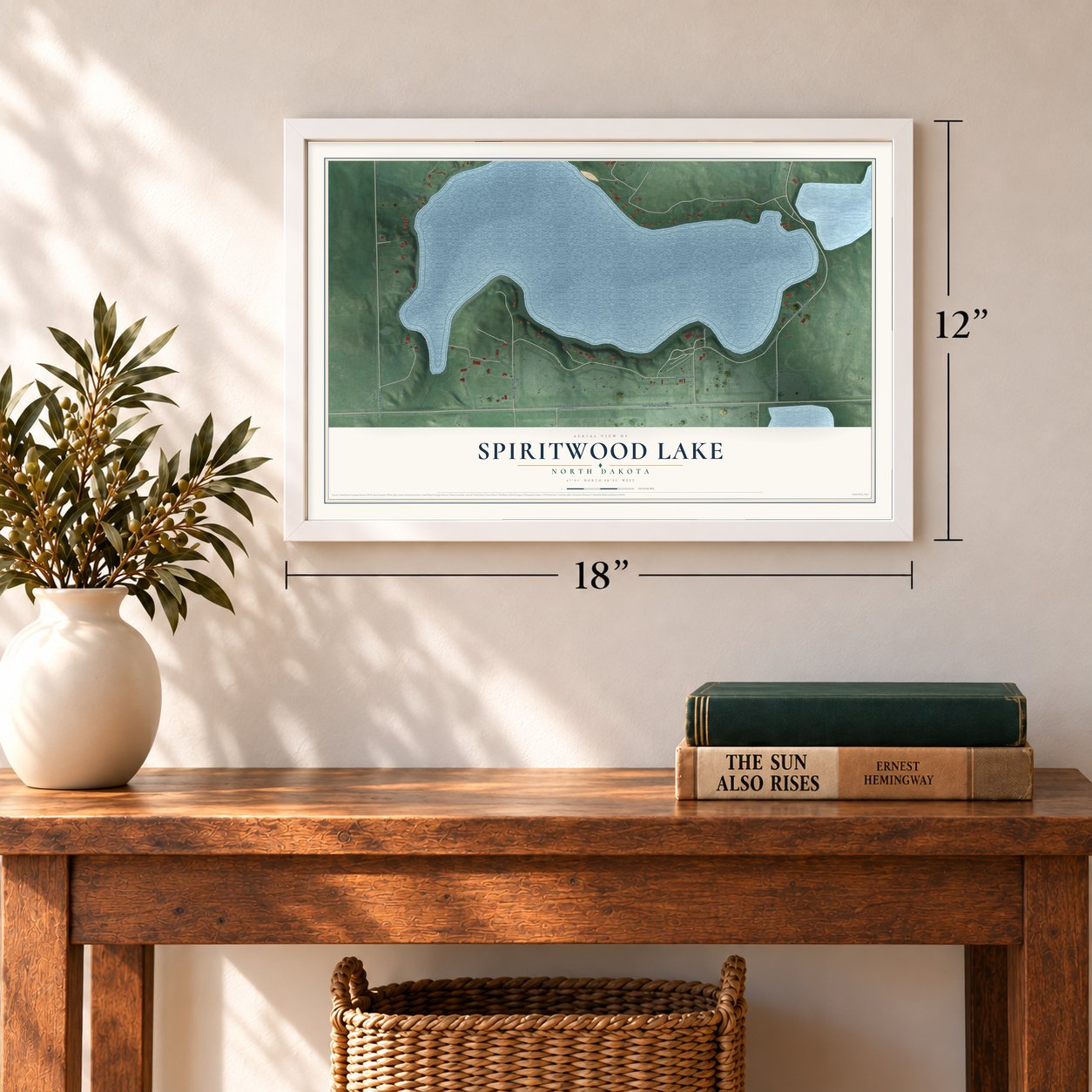 Spiritwood Lake, North Dakota map, 12 x 18 inch print in a white frame in an entryway