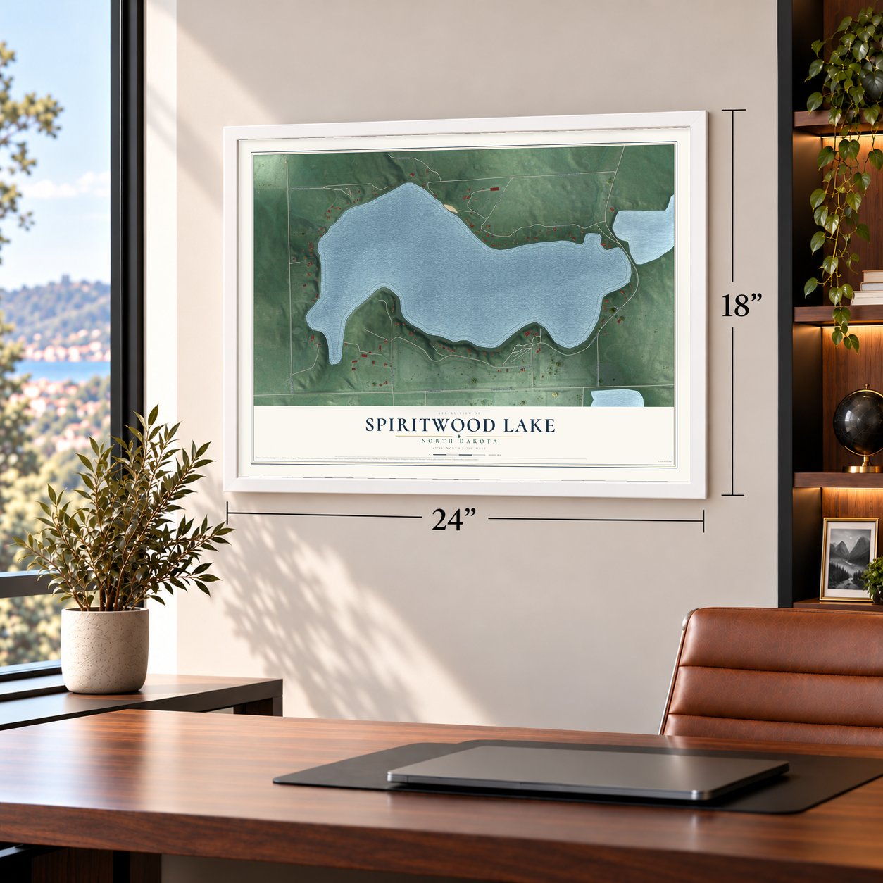 Spiritwood Lake, North Dakota map, 18 x 24 inch print in a white frame in a home office