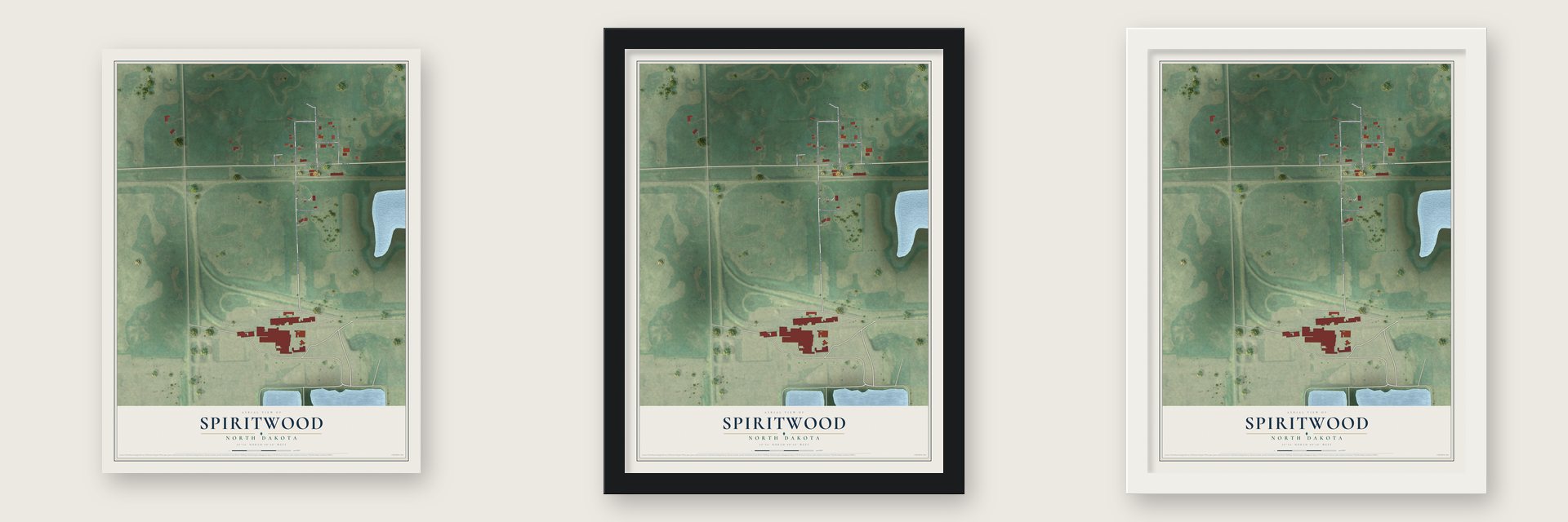 Spiritwood, North Dakota map unframed, in a black wood frame and in a white wood frame