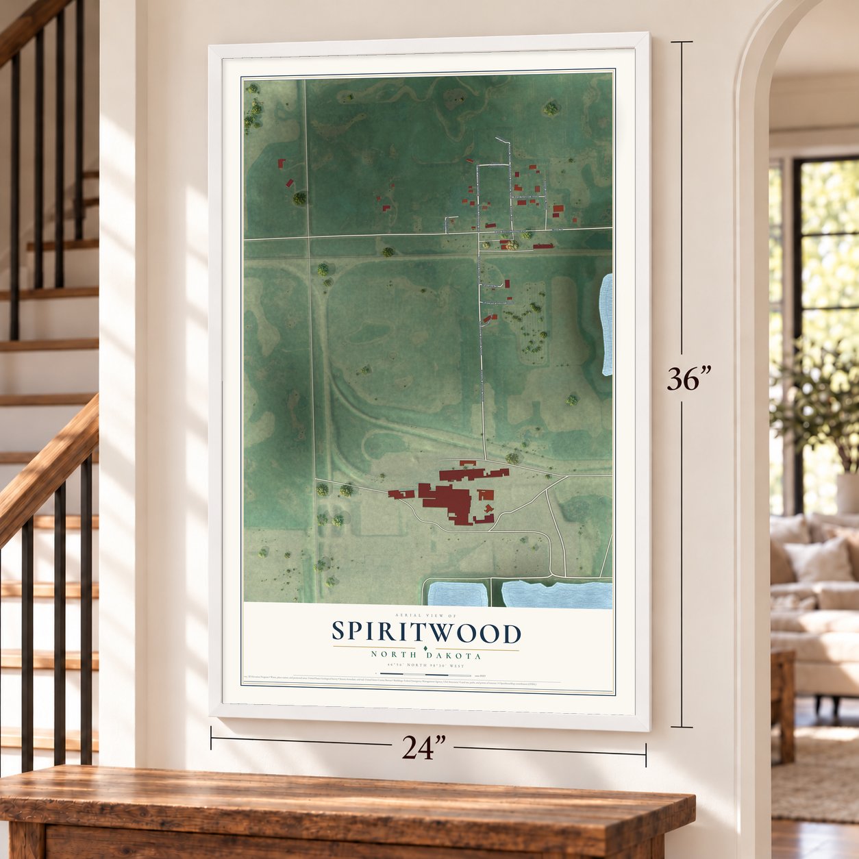 Spiritwood, North Dakota map, 24 x 36 inch print in a white frame by a staircase