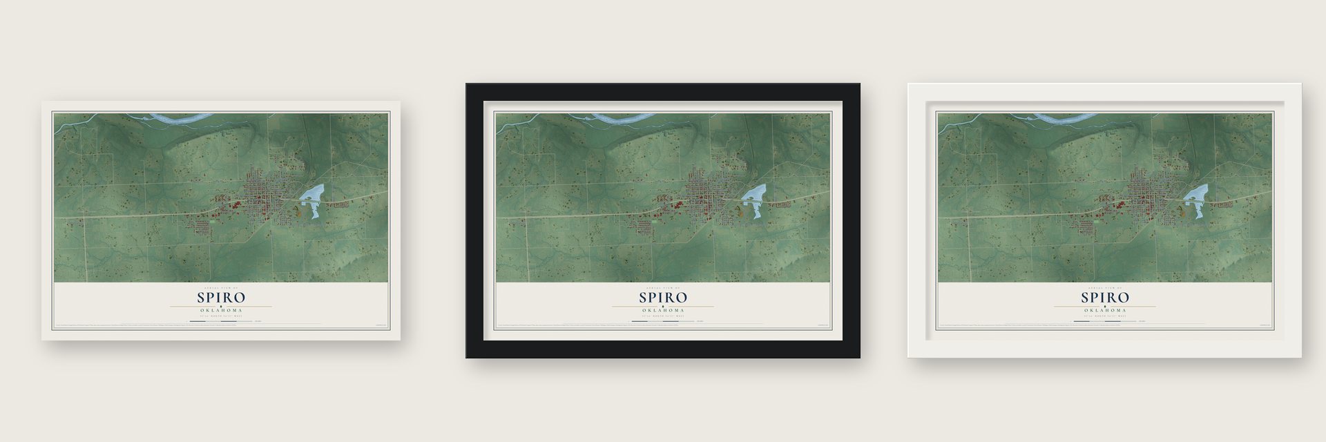 Spiro, Oklahoma map unframed, in a black wood frame and in a white wood frame