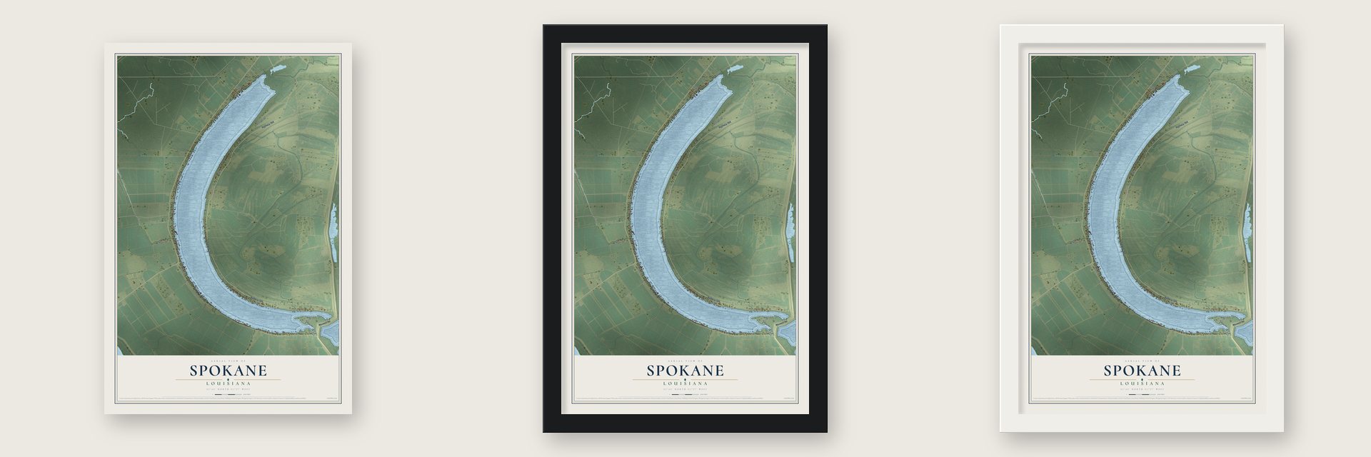 Spokane, Louisiana map unframed, in a black wood frame and in a white wood frame