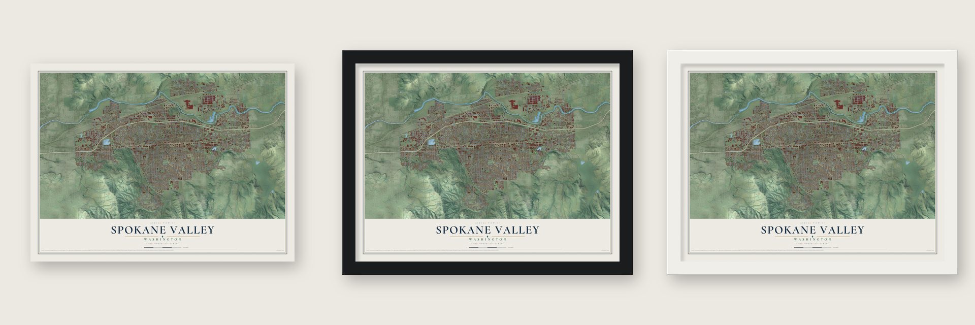 Spokane Valley, Washington map unframed, in a black wood frame and in a white wood frame