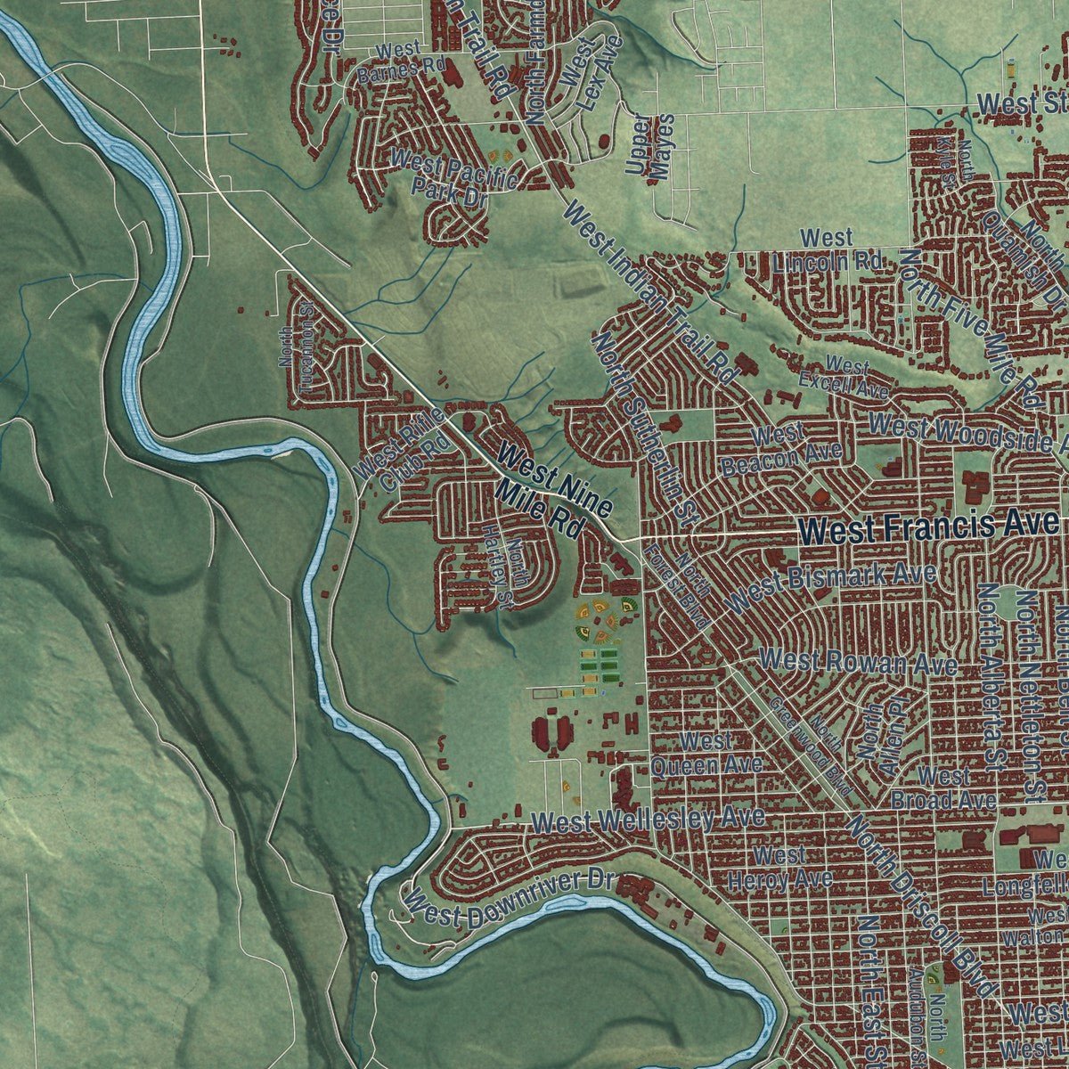 Second close-up of the map of Spokane, Washington print showing more streets and buildings