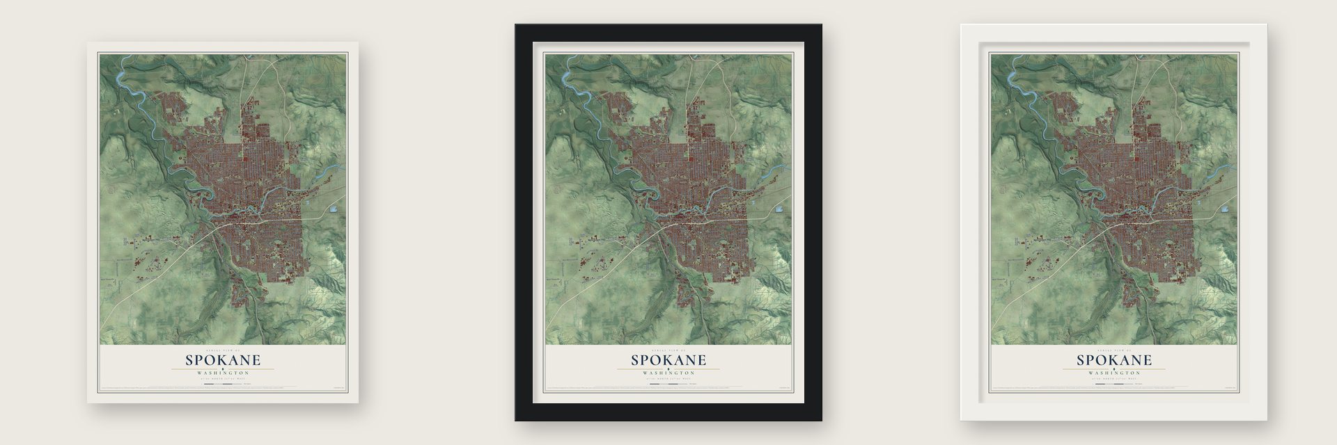 Spokane, Washington map unframed, in a black wood frame and in a white wood frame