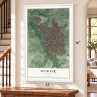 Spokane, Washington map, 24 x 36 inch print in a white frame by a staircase