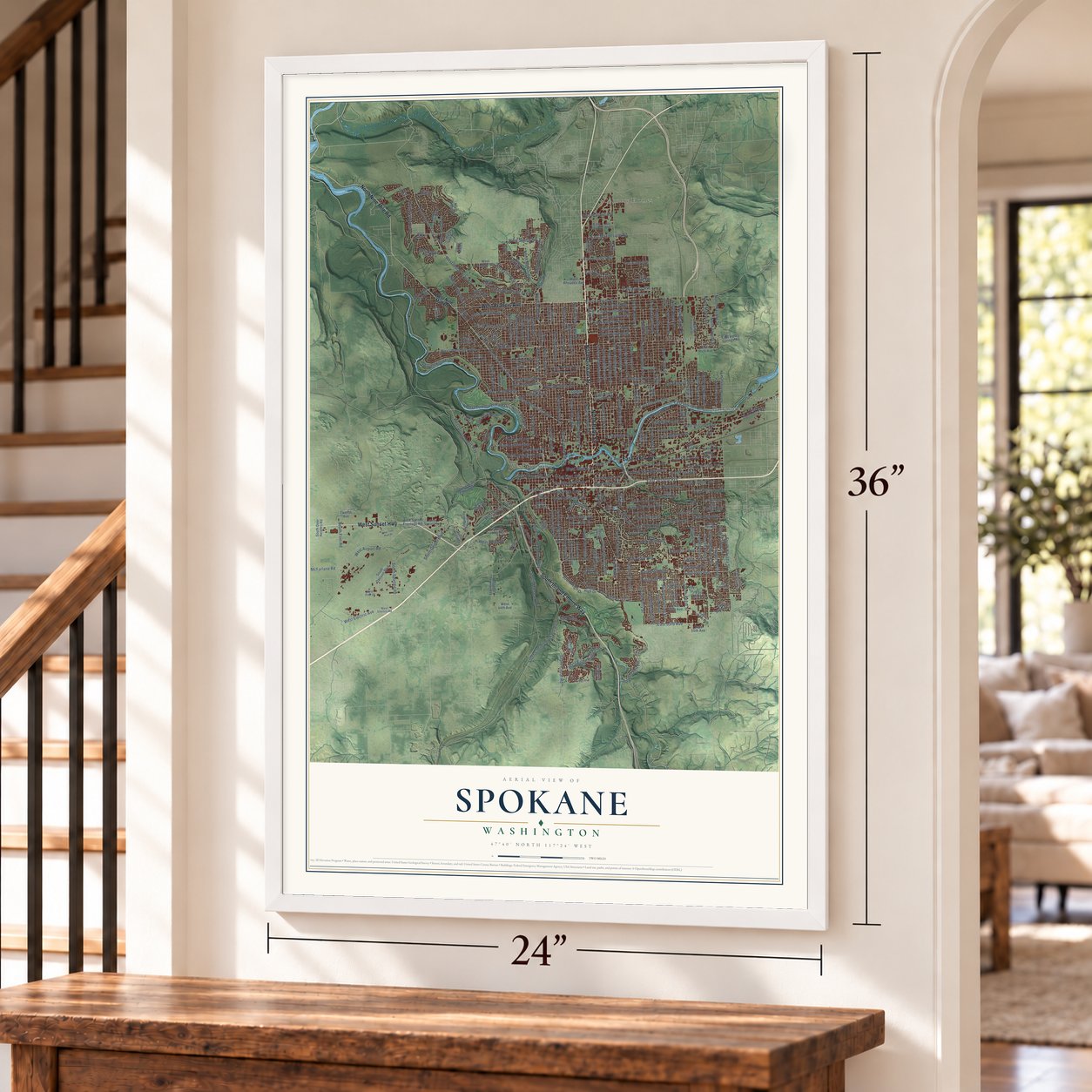 Spokane, Washington map, 24 x 36 inch print in a white frame by a staircase