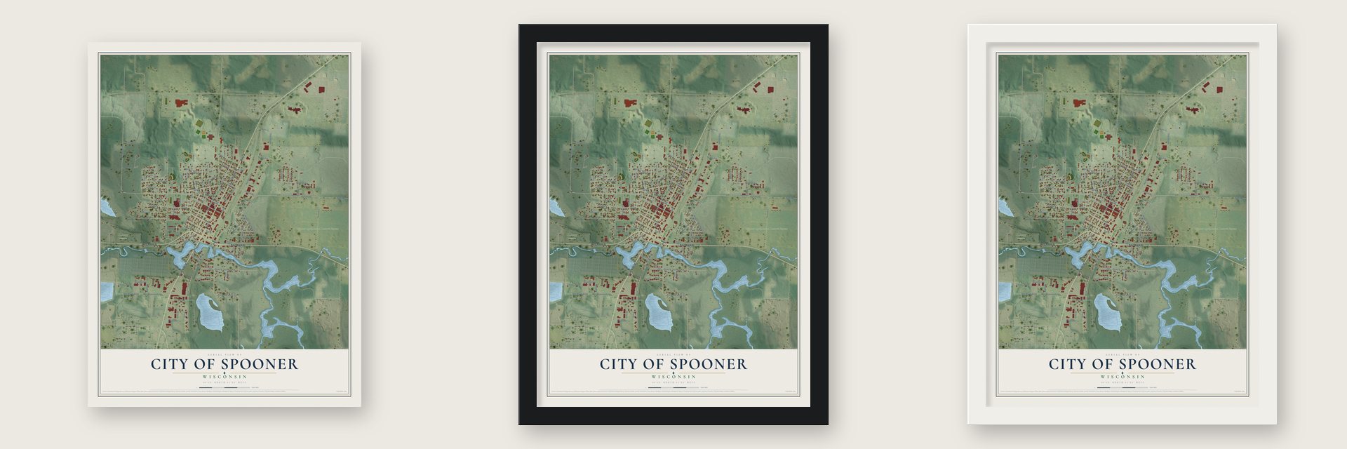 Spooner, Wisconsin map unframed, in a black wood frame and in a white wood frame
