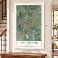 Spooner, Wisconsin map, 24 x 36 inch print in a white frame by a staircase