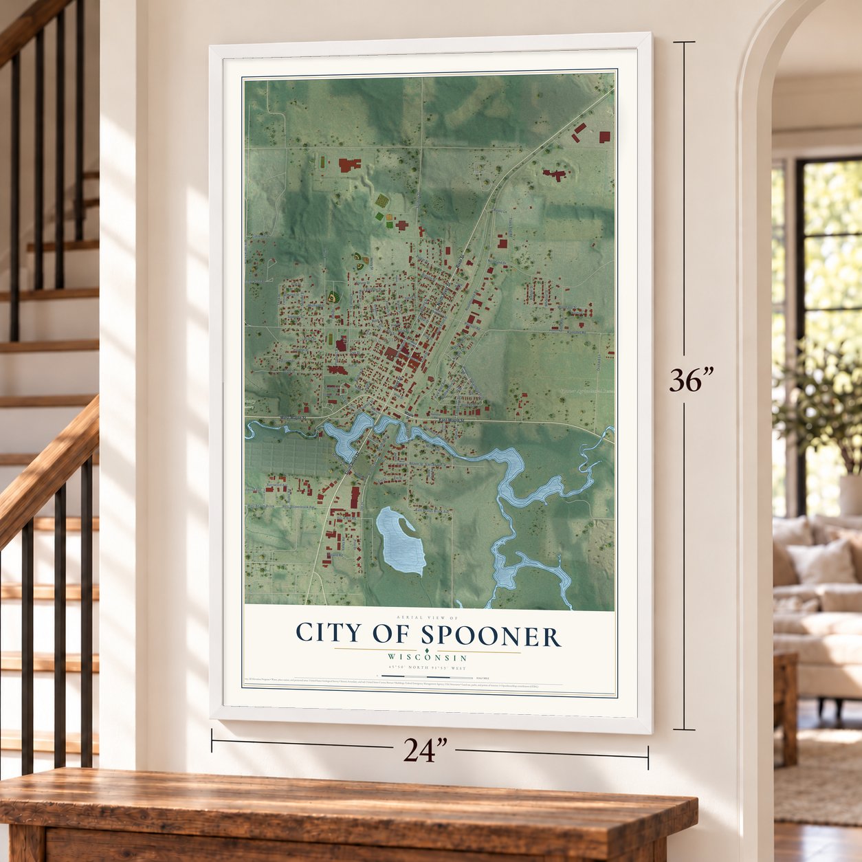 Spooner, Wisconsin map, 24 x 36 inch print in a white frame by a staircase