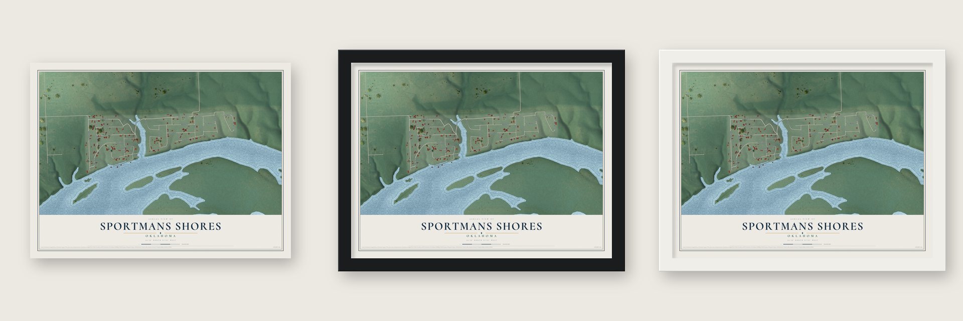 Sportmans Shores, Oklahoma map unframed, in a black wood frame and in a white wood frame