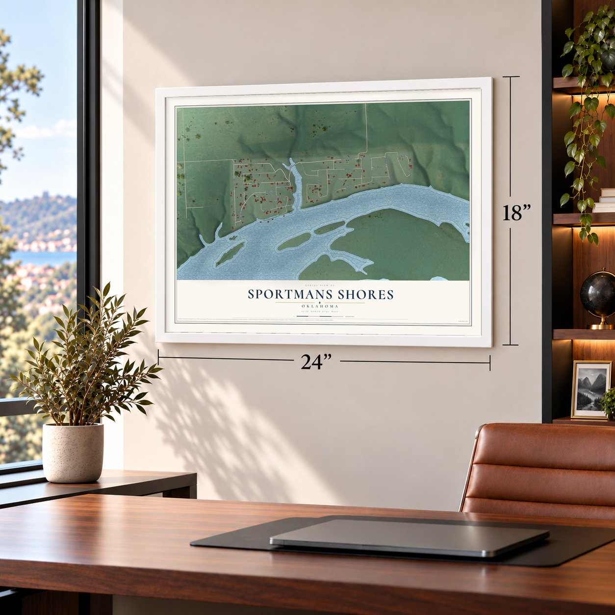 Sportmans Shores, Oklahoma map, 18 x 24 inch print in a white frame in a home office