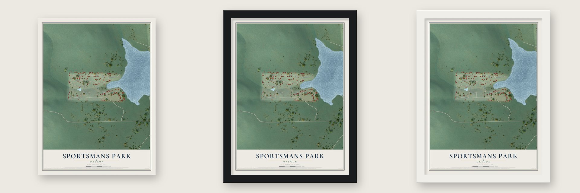 Sportsmans Park, Oregon map unframed, in a black wood frame and in a white wood frame