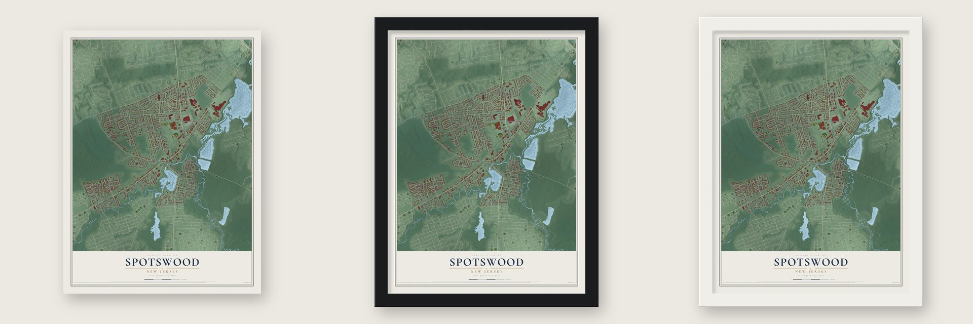 Spotswood, New Jersey map unframed, in a black wood frame and in a white wood frame