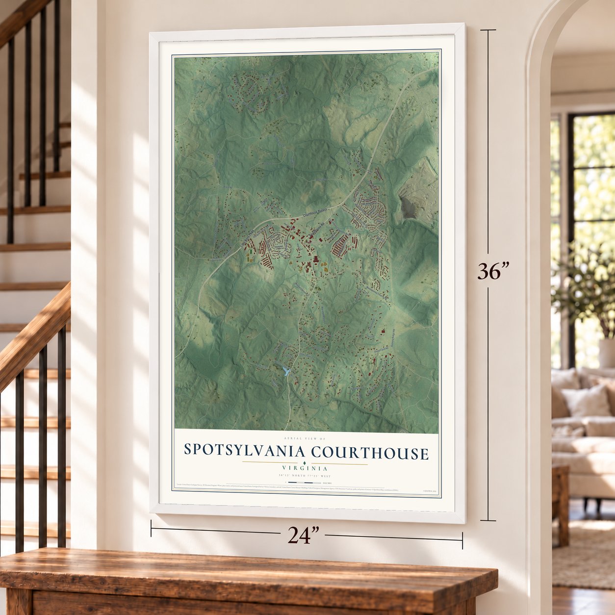 Spotsylvania Courthouse, Virginia map, 24 x 36 inch print in a white frame by a staircase
